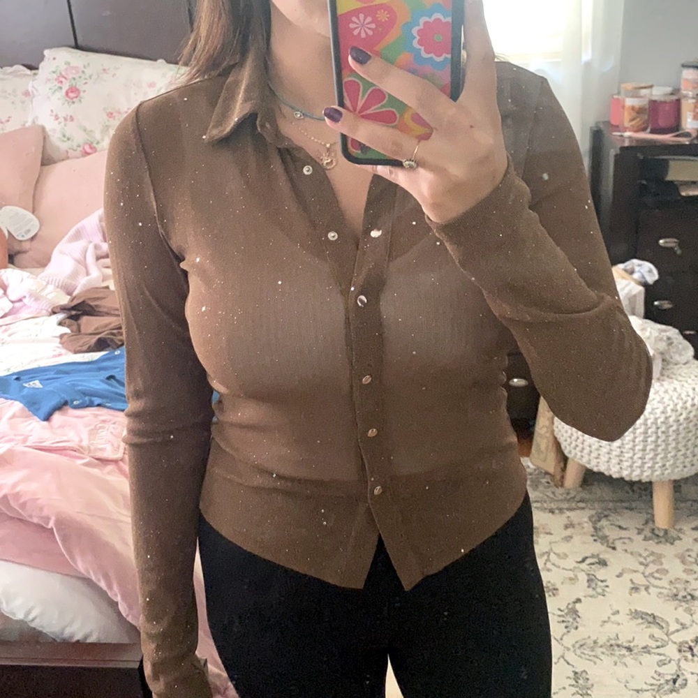 Princess Polly brown glittery button down size 10